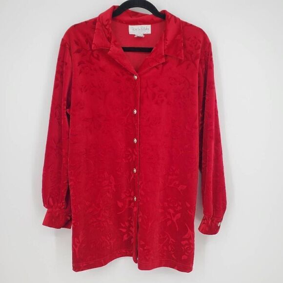 Vintage Diane Von Furstenberg Women's Red Embossed Velvet Button Top Shirt Small - Picture 1 of 4